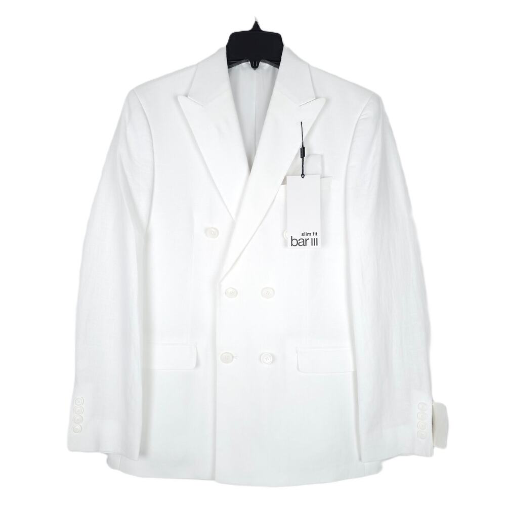 Bar III Mens Slim Fit Linen Suit Jacket Blazer 38L White Double Breasted NWT